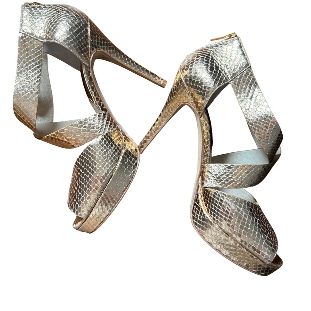 Michael Kors The Jet Set 6 Heels Women 7M Gold Snakeskin Stiletto Peep Toe